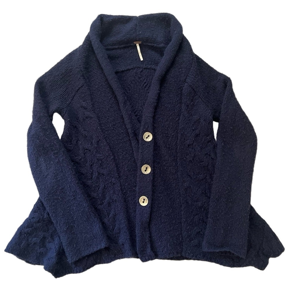 Free People Far Away Cable Knit Cardigan Womens Size M Blue Shawl Collar - Picture 4 of 13